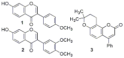 Крім того, синтезовані такі природні сполуки, як формононетин (сполука 1) та кладрин (сполука 2). Вперше синтезовано природний неофлавон (сполука 3), який нещодавно був виділений з листя тропічної рослини Marila pluricostata.